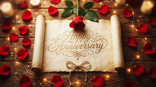 Happy anniversary written on a vintage scroll surrounded by red rose petals and warm fairy lights
