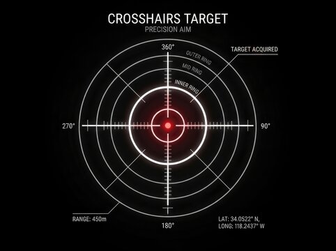 Digital HUD interface showing a circular crosshair target reticle with precision aim markings, range indicators, and coordinate data on a black background.