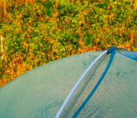 closeup part of green touristic tent  on grass background, outdoor camping background © Yuriy Kulik
