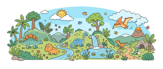 Cute prehistoric landscape with various dinosaurs and flora © bebes