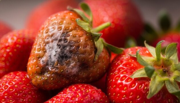 Close-up of one severely deteriorated strawberry placed among a cluster of fresh strawberries, dark sunken patches, fuzzy mold and wet decomposing areas clearly visible.