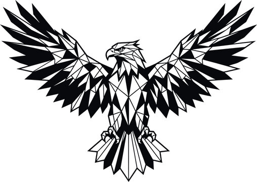 Geometric low poly eagle spreading wings in black and white line art