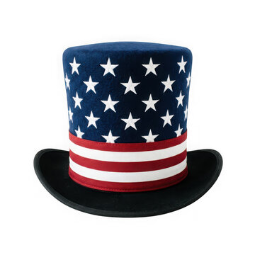 Patriotic uncle sam top hat with american flag stars and stripes isolated on transparent background