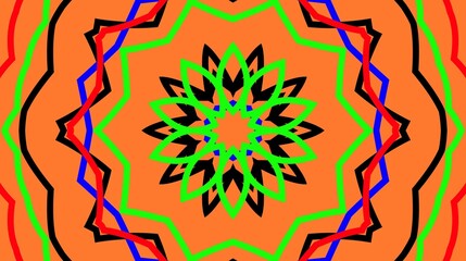 Bright orange floral kaleidoscope background with green cyan petal details and lines. © YUSUP