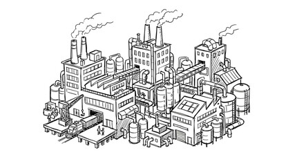 Obraz premium Detailed Illustration of an Industrial Factory Complex with Multiple Buildings and Chimneys.