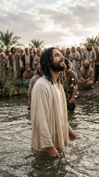 Sacred water baptism: Jesus Christ, holy savior, river immersion, heavenly grace, spectator crowd, spiritual rebirth, solemn witness, desert stream, ancient ritual, religious devotion.