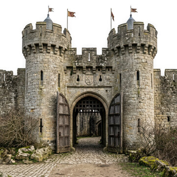 Ancient stone castle gatehouse with wooden doors and portcullis isolated on transparent background
