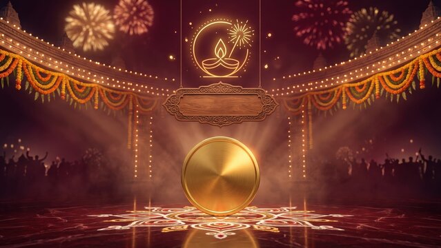 Diwali &ndash; Grand Temple Gate with Diyas and Fireworks Festive Banner
