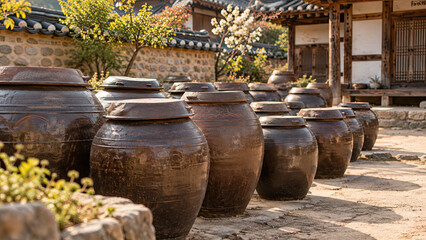 Obraz premium several traditional clay fermentation pots lined up in a sunny courtyardม symbolic of slow traditional fermentation aging.