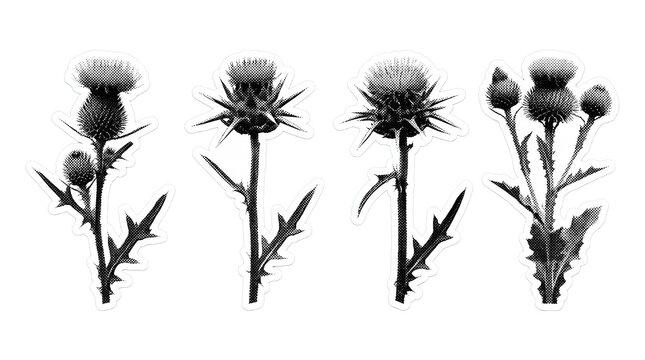thistle retro halftone set , clean white border outline PNG