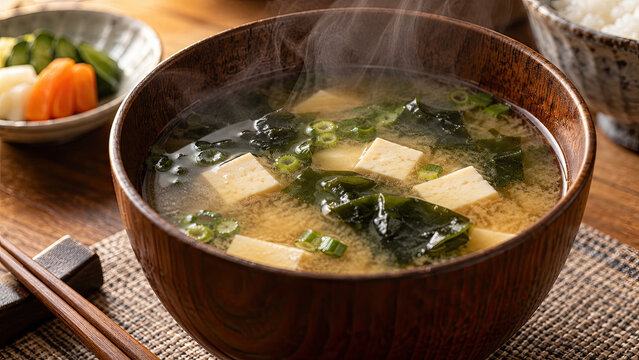 Close-up of a bowl of miso soup with visible steam rising, tofu and seaweed pieces floating in the broth. Gut-friendly comfort food .concept