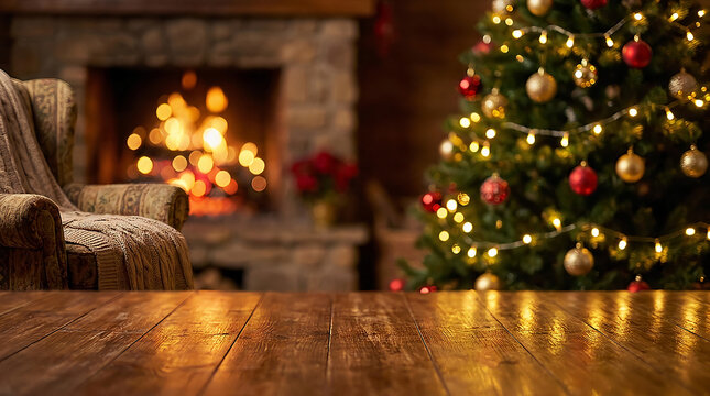Cozy living room interior featuring a glowing fireplace and a beautifully decorated christmas tree during the festive holiday season