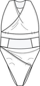 Women wrap v neck bodysuit or one piece swimsuit technical flat sketch fashion illustration vector template