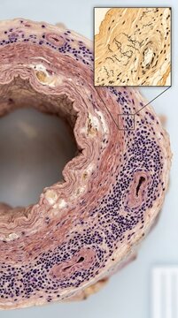 Syphilis Treponema pallidum: microscopic view, aortic tissue, bacterial infection, histological stain, chronic disease, corkscrew spirochete, artery wall, medical diagnosis.