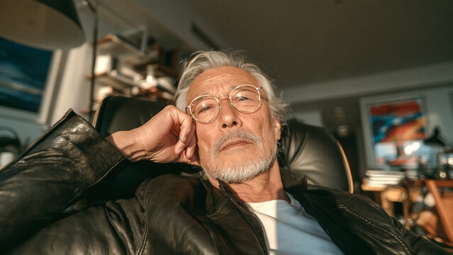 革のソファに座りくつろぐクールなシニア男性