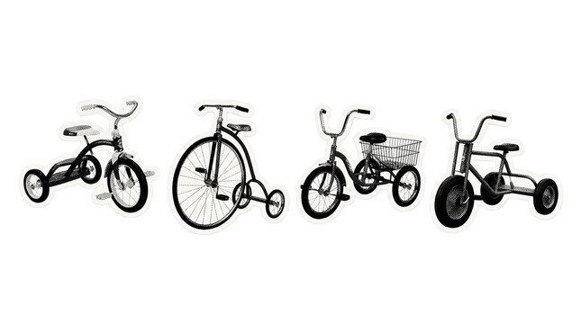 tricycle retro halftone set , clean white border outline PNG