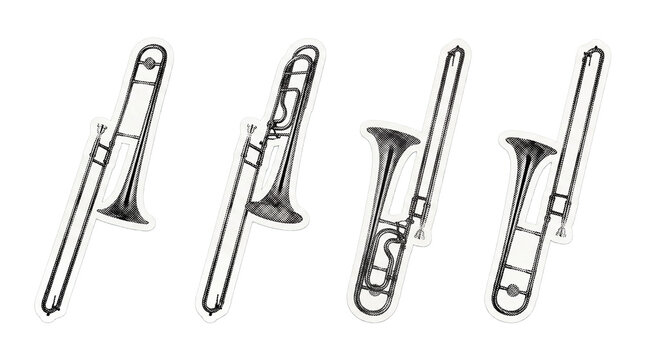 trombone retro halftone set , clean white border outline PNG