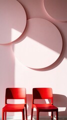 Fototapeta premium Two red modern chairs sit against pink wall with large circle patterns. Minimalist interior design features bold colors, geometric shapes. Bright natural light creates shadows in stylish living room