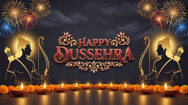 Happy dussehra celebration greeting design featuring glowing gold and red 3D