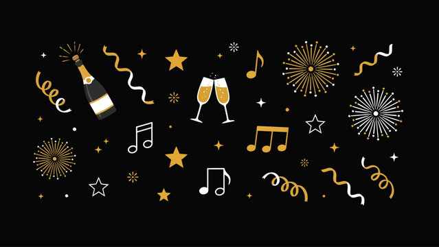 Celebratory elements including champagne bottles and fireworks form a golden vector illustration celebration festive holiday party newyear new year