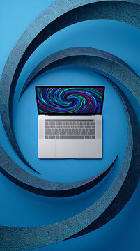 Modern laptop computer on blue background with abstract 3D swirl patterns