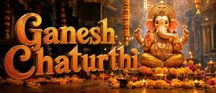 Golden Ganesha idol decorated with marigold flower and glowing oil lamp. Traditional Ganesh Chaturthi celebration religious festival concept. Banner with copy space
