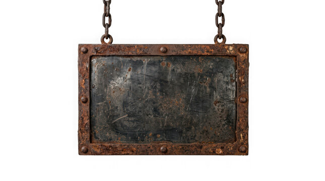 Old rusty metal sign hanging on chains isolated on transparent background