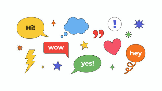 A collection of colorful speech bubbles and icons floats against a white background conversation dialogue chat communication messages exclamation