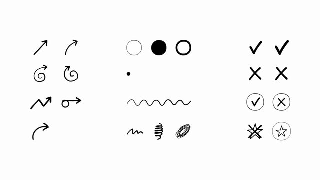 Collection of hand drawn vector shapes and symbols on a white background arrows circles checkmarks crosses scribbles swirls lines