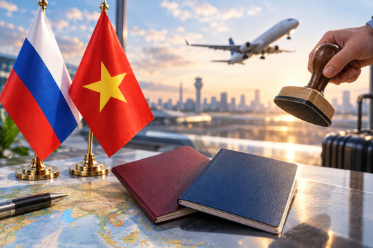 Russia Vietnam Travel and Visa Agreement Concept with Passports Airport and Airplane