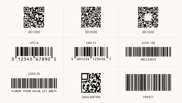 Various barcode and quick response code types are displayed as a flat vector illustration upca ean 13 code128 code39 datamatrix