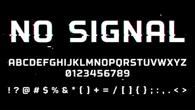 A glitch style typeface displays the alphabet and numerals against a black background characters digital font graphic letters monospace