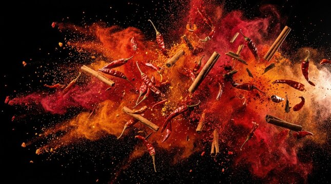 Red chili peppers and cinnamon sticks exploding with colorful spice powder