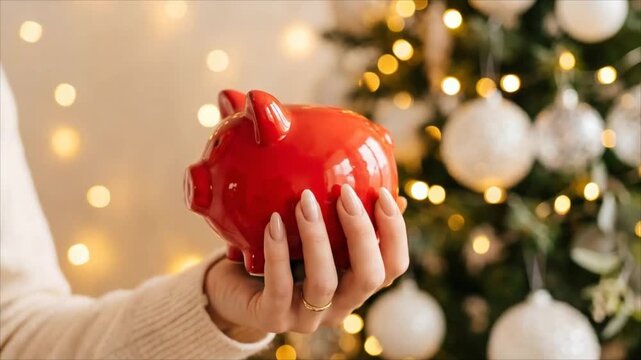 Woman holding red piggy bank near decorated Christmas tree with garland lights. Holiday savings and family budget planning for New Year celebration concept