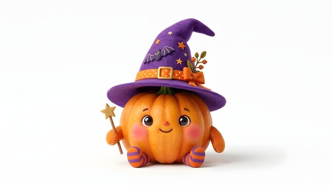 Cute Halloween pumpkin character with witch hat and magic wand