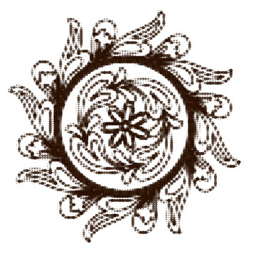 Round ornament in halftone style. Vector brown floral rosette made of dots in traditional folk style