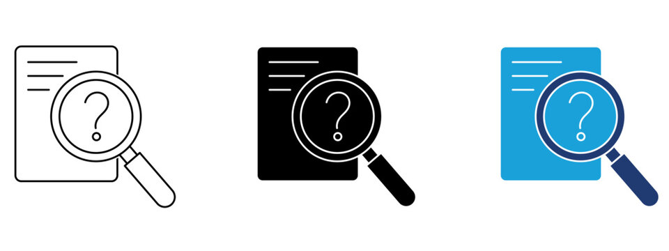 Document icon with magnifying glass and question mark. Symbol of document review, file search, information inquiry, auditing, data inspection, query, mystery analysis, and investigation.