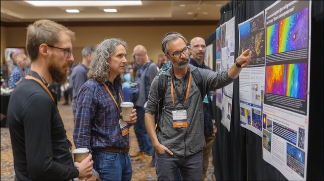 Three dedicated astronomers engage in a collaborative discussion at an international conference, examining scientific research posters featuring colorful data visualizations in a vibrant professional