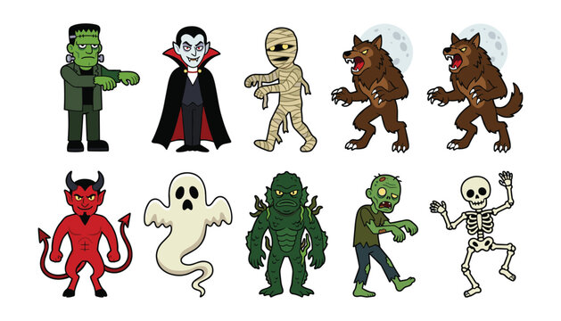 Halloween Monster Character Vector Icon Set with Cute Cartoon Vampire Zombie Ghost Skeleton Mummy and Werewolf for Spooky Party Invitations and Autumn Festive Graphic Designs