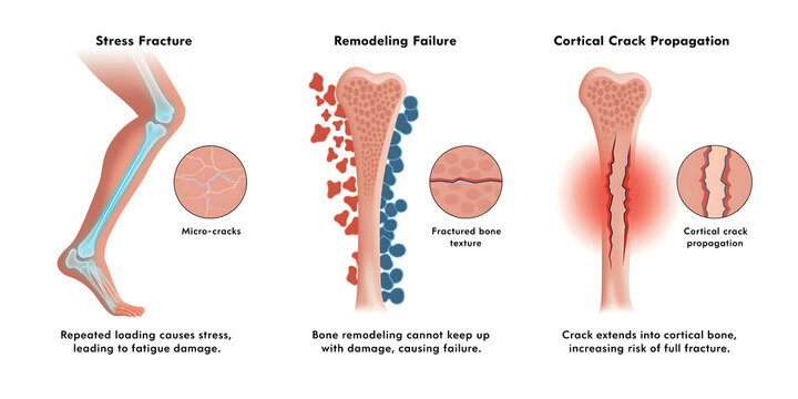 Educational medical illustration comparing normal bone structure with bone resorption and formation.