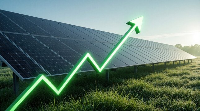 Solar farm with large photovoltaic panels on green grass field. Glowing green arrow graph shows rising renewable energy production, growth. Sustainable eco power system increases efficiency, clean