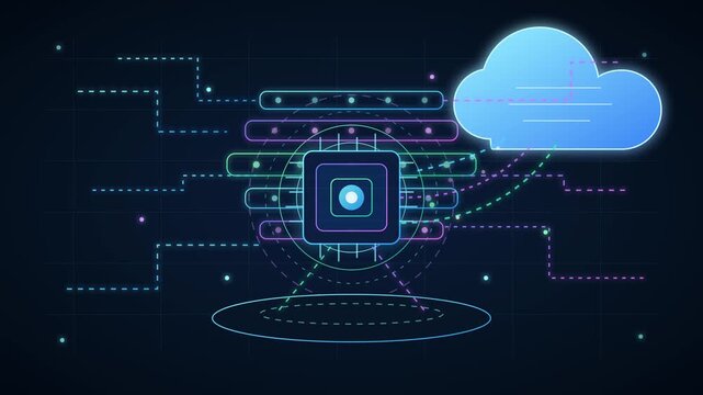 Cloud Computing Network with Digital Processor and Data Transfer Technology Animation in 4K