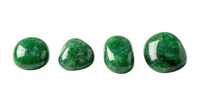 Four polished green jade gemstones isolated on transparent background