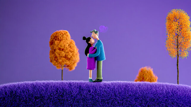 Verliebtes Paar in einer herbstlichen Fantasiewelt mit weicher Woll- und Filzoptik, bunten B&auml;umen, Regen und Regenschirm in kr&auml;ftigen Violett-, Blau- und Oranget&ouml;nen.