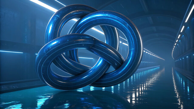Blue interlocking rings reflecting on a wet floor