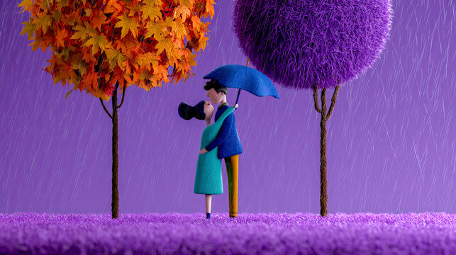 Verliebtes Paar in einer herbstlichen Fantasiewelt mit weicher Woll- und Filzoptik, bunten B&auml;umen, Regen und Regenschirm in kr&auml;ftigen Violett-, Blau- und Oranget&ouml;nen.