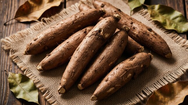 Freshly dug cassava roots arranged on burlap and wood. This staple food crop is brown and earthy, showing harvest bounty with dried leaves, perfect for culinary or agricultural themes.