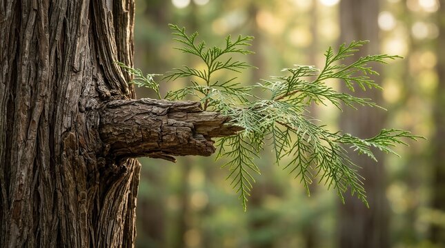 Detailed close-up of aged incense cedar branch showing textured bark and fine foliage with soft blurred background