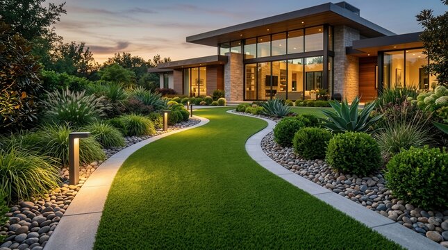 Innovative garden design featuring a synthetic turf pathway winding around a modern home exterior