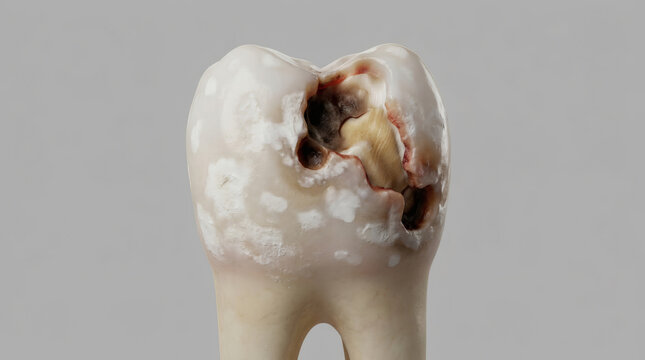 Human molar showing severe tooth decay and cavity damage on gray background